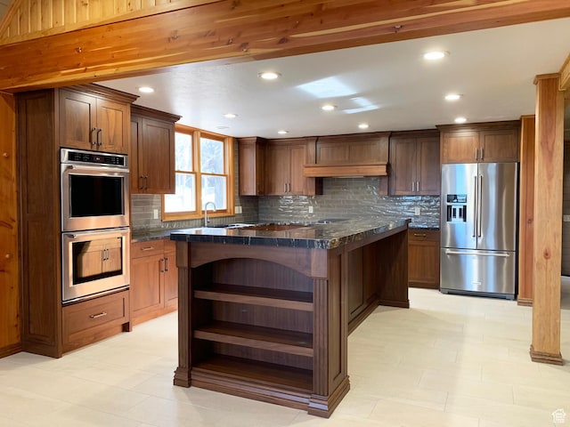 3804 E 2050 N, Eden, UT 84310 - kitchen with tasteful backsplash, dark stone countertops, a center island, open shelves, and stainless steel appliances