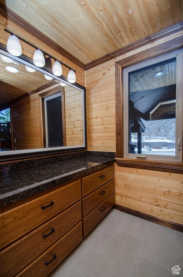 3804 E 2050 N, Eden, UT 84310 - bathroom featuring vanity, wood ceiling, wood walls, tile patterned floors, and plenty of natural light
