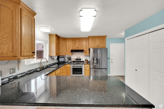 154 W Main St, Bicknell, UT 84715 - kitchen with a peninsula, under cabinet range hood, dark stone counters, appliances with stainless steel finishes, and a sink