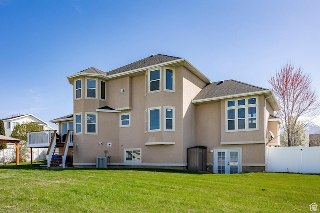 2115 N 5 E, Layton, UT 84041 - rear view of house with stucco siding, cooling unit, stairway, and french doors