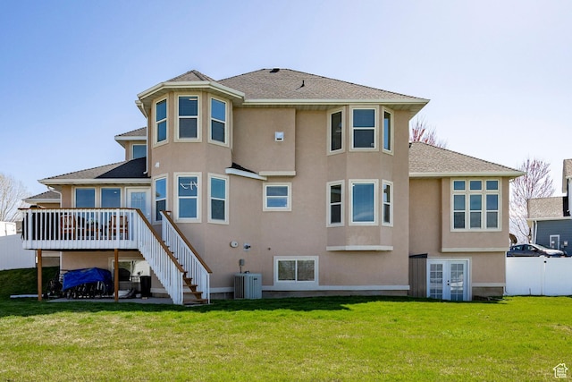 2115 N 5 E, Layton, UT 84041 - back of property with stairway, central air condition unit, a deck, stucco siding, and french doors