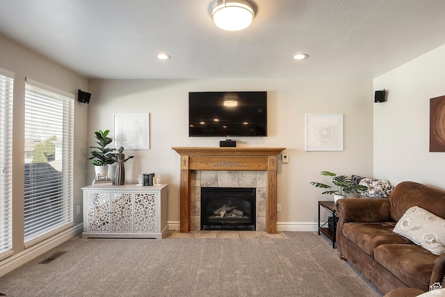 2115 N 5 E, Layton, UT 84041 - carpeted living area with a fireplace, baseboards, and recessed lighting