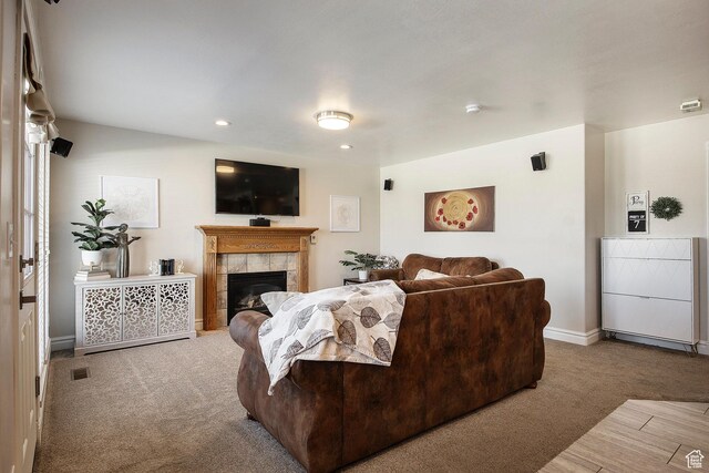 2115 N 5 E, Layton, UT 84041 - living area with carpet flooring, a fireplace, recessed lighting, and baseboards