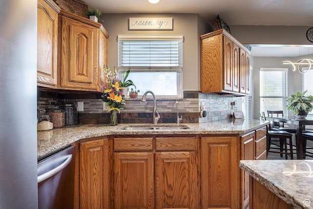 2115 N 5 E, Layton, UT 84041 - kitchen featuring dishwasher, a sink, brown cabinets, and backsplash