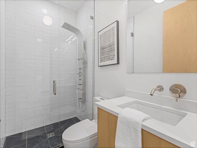 full bath with toilet, vanity, and a stall shower