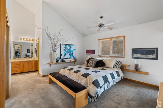 4042 Saddleback Rd, Park City, UT 84098 - bedroom featuring baseboards, a sink, ensuite bath, light carpet, and lofted ceiling