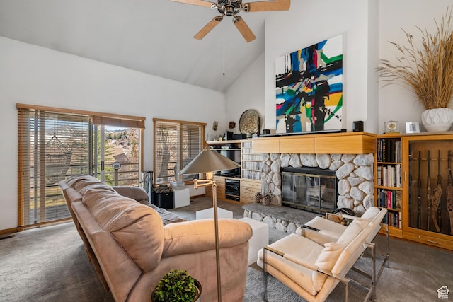 4042 Saddleback Rd, Park City, UT 84098 - living area with high vaulted ceiling, a fireplace, a ceiling fan, and carpet floors