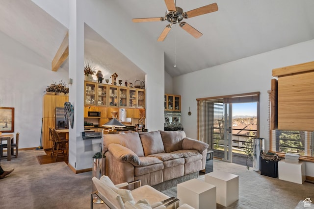 4042 Saddleback Rd, Park City, UT 84098 - living area with carpet floors, baseboards, high vaulted ceiling, and a ceiling fan