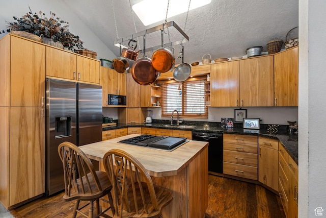 4042 Saddleback Rd, Park City, UT 84098 - kitchen with open shelves, a sink, dark wood-style flooring, butcher block counters, and black appliances