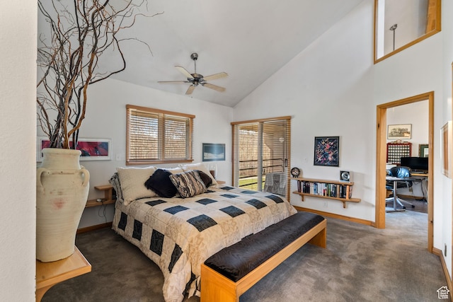 4042 Saddleback Rd, Park City, UT 84098 - carpeted bedroom with access to exterior, high vaulted ceiling, baseboards, and a ceiling fan