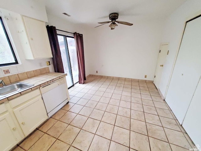 281 E 7th St S, Ogden, UT 84404 - kitchen with tile counters, visible vents, ceiling fan, white dishwasher, and a sink