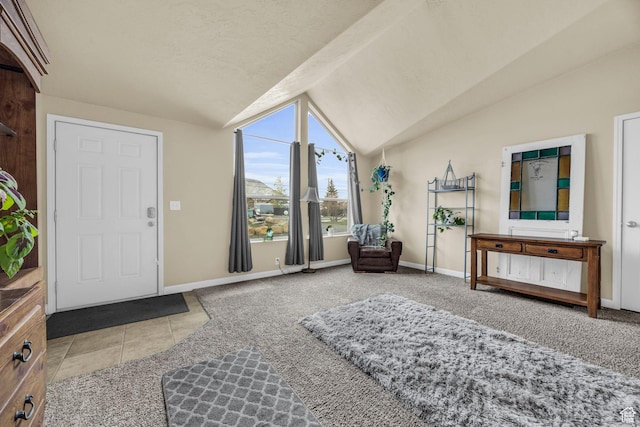 224 E Leadville Rd, Eureka, UT 84628 - carpeted foyer featuring tile patterned flooring, baseboards, and vaulted ceiling