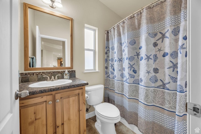 224 E Leadville Rd, Eureka, UT 84628 - bathroom featuring tile patterned floors, toilet, a shower with shower curtain, and vanity