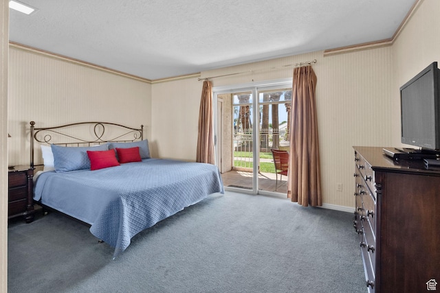 carpeted bedroom with baseboards, access to outside, ornamental molding, and a textured ceiling