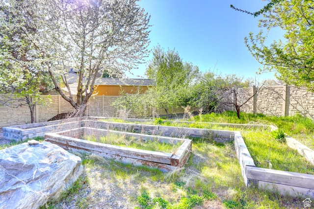 view of yard with a garden and a fenced backyard