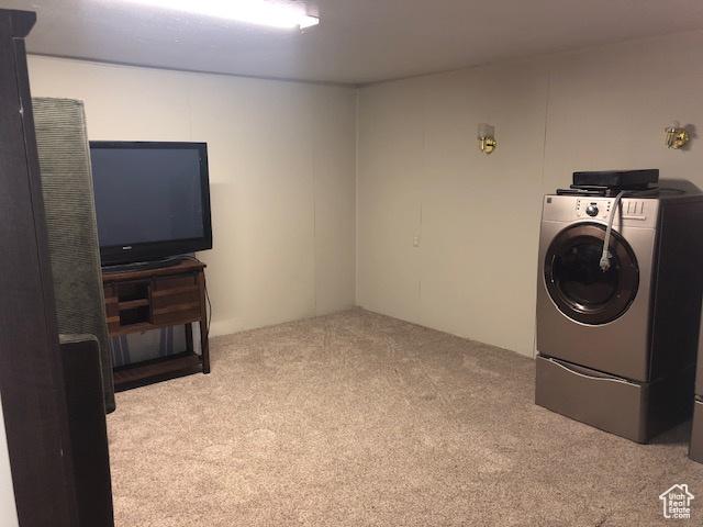 washroom featuring carpet, washer / dryer, and laundry area