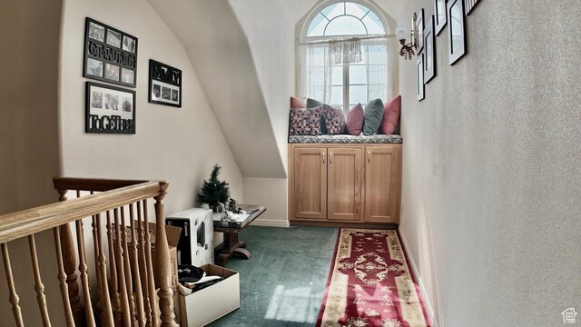 3193 S Southfield Rd W, Daniel, UT 84032 - doorway to outside with carpet flooring and lofted ceiling