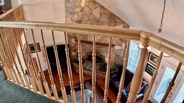 3193 S Southfield Rd W, Daniel, UT 84032 - staircase featuring carpet flooring and vaulted ceiling