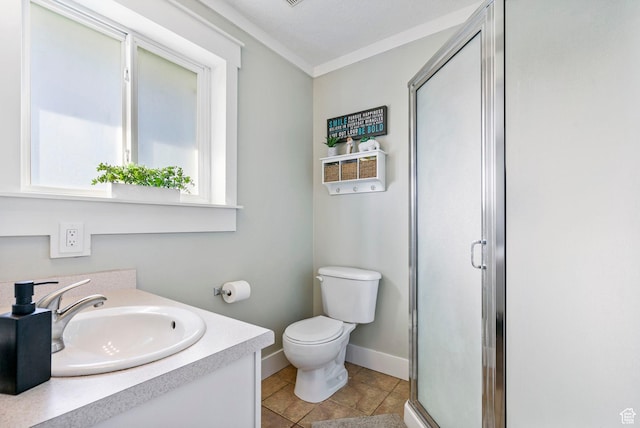 1055 W 325 N, Hyrum, UT 84319 - bathroom with crown molding, vanity, toilet, a stall shower, and baseboards