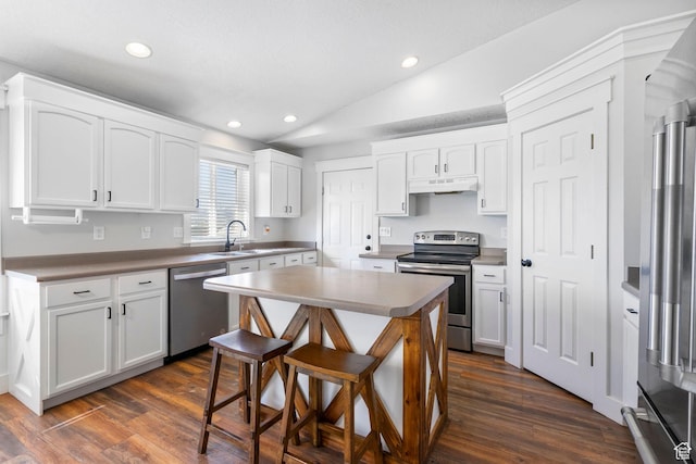 1055 W 325 N, Hyrum, UT 84319 - kitchen with white cabinets, dark wood-style flooring, appliances with stainless steel finishes, under cabinet range hood, and lofted ceiling