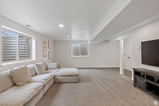 956 S 1525 W, Syracuse, UT 84075 - living room featuring recessed lighting, visible vents, baseboards, and carpet floors