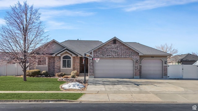 ranch-style house featuring a garage, a front yard, fence, and brick siding