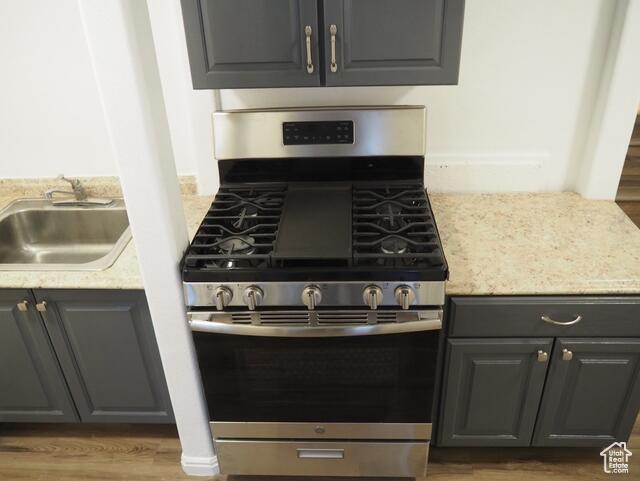 details featuring a sink, stainless steel gas range, light stone countertops, and light wood-style flooring
