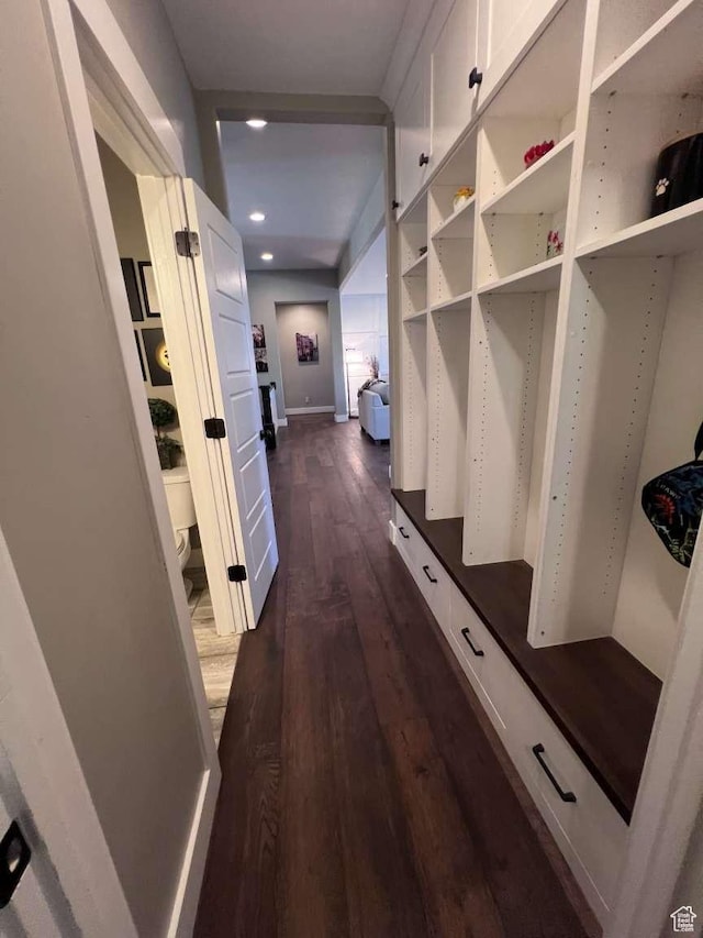mudroom featuring baseboards, dark wood-style floors, and recessed lighting
