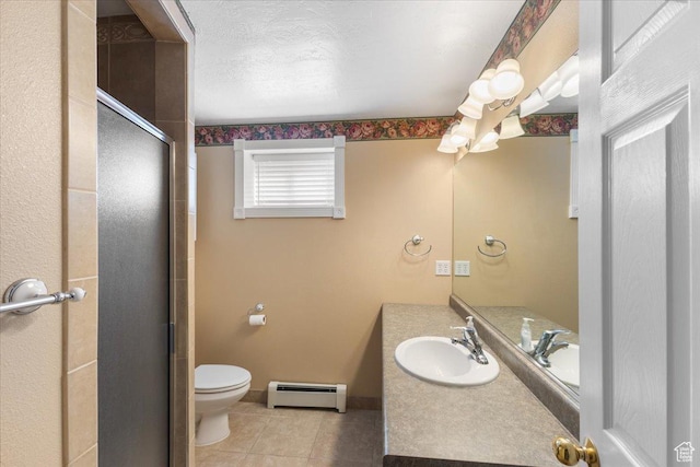 full bath with a shower stall, vanity, toilet, a baseboard radiator, and tile patterned floors