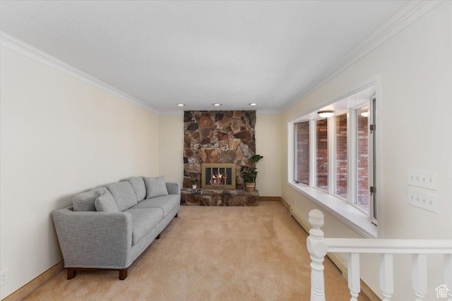 living area featuring recessed lighting, a fireplace, light colored carpet, and crown molding