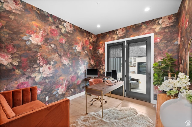 home office featuring recessed lighting and wallpapered walls