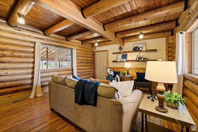 living area featuring wooden ceiling, visible vents, hardwood / wood-style floors, and beamed ceiling