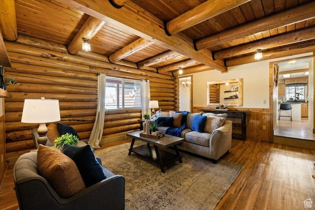 living room featuring a wainscoted wall, wood ceiling, beamed ceiling, and wood-type flooring