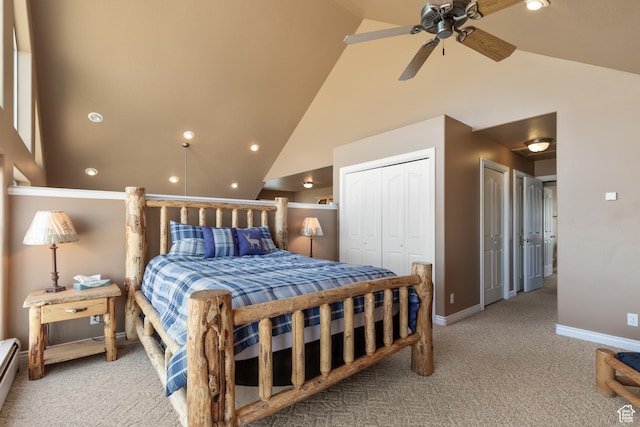 155 S Last Chance Dr, Laketown, UT 84038 - bedroom with baseboards, a baseboard heating unit, recessed lighting, carpet floors, and high vaulted ceiling