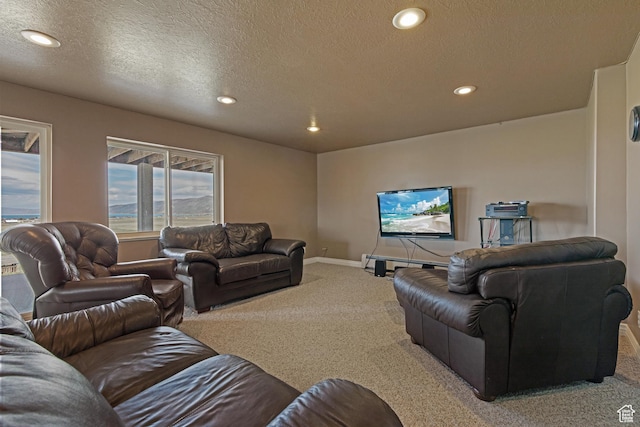 155 S Last Chance Dr, Laketown, UT 84038 - living room with baseboards, recessed lighting, carpet flooring, and a textured ceiling