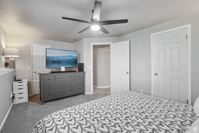 bedroom featuring ceiling fan, baseboards, and carpet