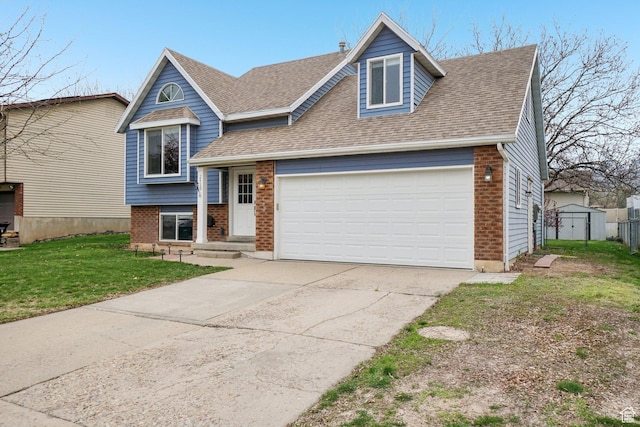view of front facade featuring brick siding, a shingled roof, and a front yard