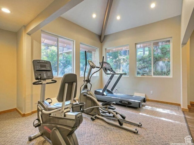 3615 N Wolf Lodge Dr Unit 211, Eden, UT 84310 - exercise area featuring vaulted ceiling, baseboards, recessed lighting, and a healthy amount of sunlight