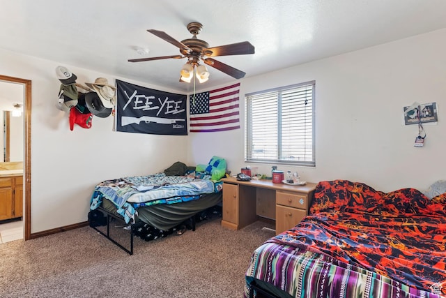 4710 W 2200 N, Plain City, UT 84404 - bedroom featuring light colored carpet, a ceiling fan, and connected bathroom