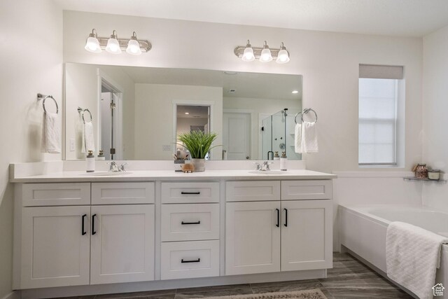 bathroom featuring a shower stall, a bath, double vanity, and a sink