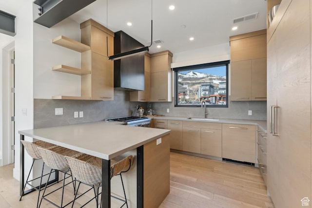 3595 Ridgeline Dr, Park City, UT 84098 - kitchen with light countertops, exhaust hood, visible vents, modern cabinets, and a sink