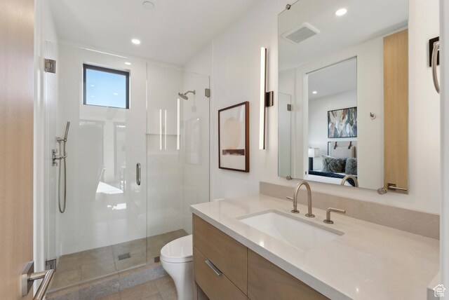3595 Ridgeline Dr, Park City, UT 84098 - ensuite bathroom featuring vanity, ensuite bath, visible vents, toilet, and a stall shower