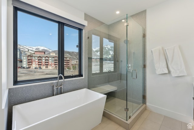 3595 Ridgeline Dr, Park City, UT 84098 - full bathroom featuring a shower stall, a soaking tub, tile patterned flooring, and recessed lighting