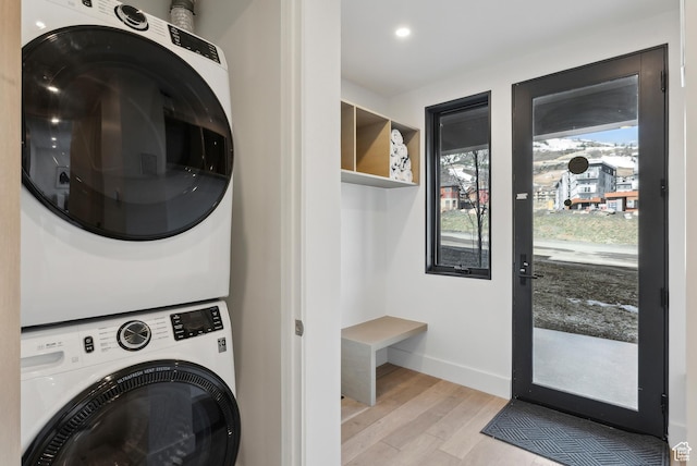 3595 Ridgeline Dr, Park City, UT 84098 - laundry room featuring laundry area, recessed lighting, light wood finished floors, baseboards, and stacked washer / drying machine