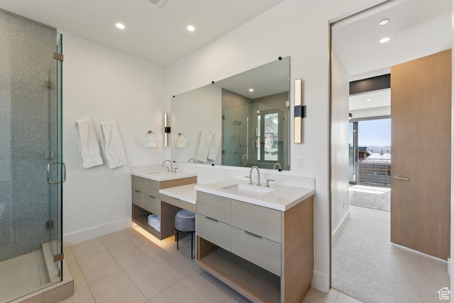 3595 Ridgeline Dr, Park City, UT 84098 - full bathroom with baseboards, recessed lighting, vanity, tile patterned floors, and a stall shower