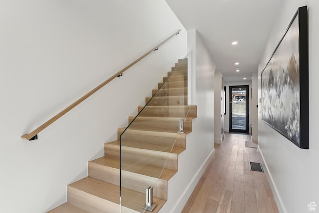 3595 Ridgeline Dr, Park City, UT 84098 - staircase with visible vents, baseboards, recessed lighting, and hardwood / wood-style flooring