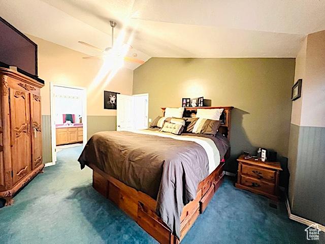 8366 S Cobble Cir W, West Jordan, UT 84081 - bedroom featuring carpet floors, lofted ceiling, ceiling fan, and ensuite bathroom