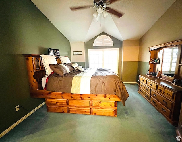 8366 S Cobble Cir W, West Jordan, UT 84081 - bedroom with baseboards, vaulted ceiling, carpet flooring, and a ceiling fan