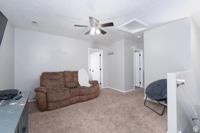 583 E 2680 S, Vernal, UT 84078 - carpeted living area with ceiling fan, a textured ceiling, visible vents, attic access, and baseboards