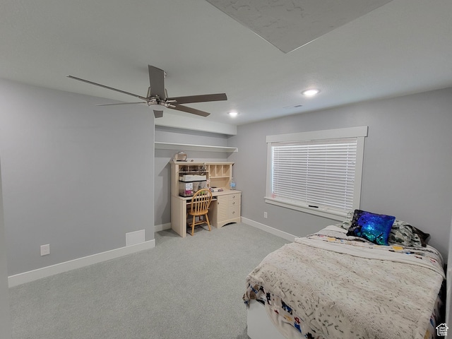 bedroom with light carpet, recessed lighting, baseboards, and a ceiling fan